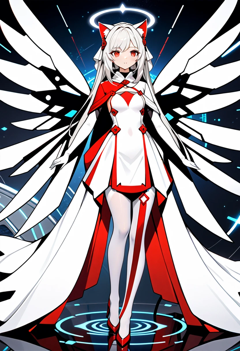 masterpiece, highest quality, highest resolution, clear_image, detailed details, White hair, long hair, cat ears, 1 girl, red eyes, imperial wedding dress, white pantyhose, white scarf (around the neck), gray futuristic halo, futuristic wings, beautiful, full body, no water marks, laboratory, no extra limps, no extra body