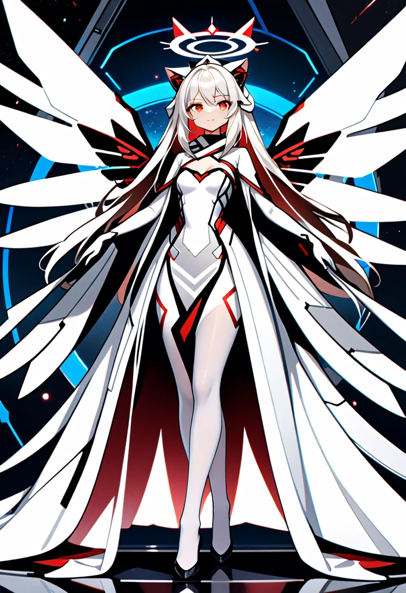 masterpiece, highest quality, highest resolution, clear_image, detailed details, White hair, long hair, cat ears, 1 girl, red eyes, imperial wedding dress, white pantyhose, white scarf (around the neck), gray futuristic halo, futuristic wings, beautiful, full body, no water marks, laboratory, no extra limps, no extra body