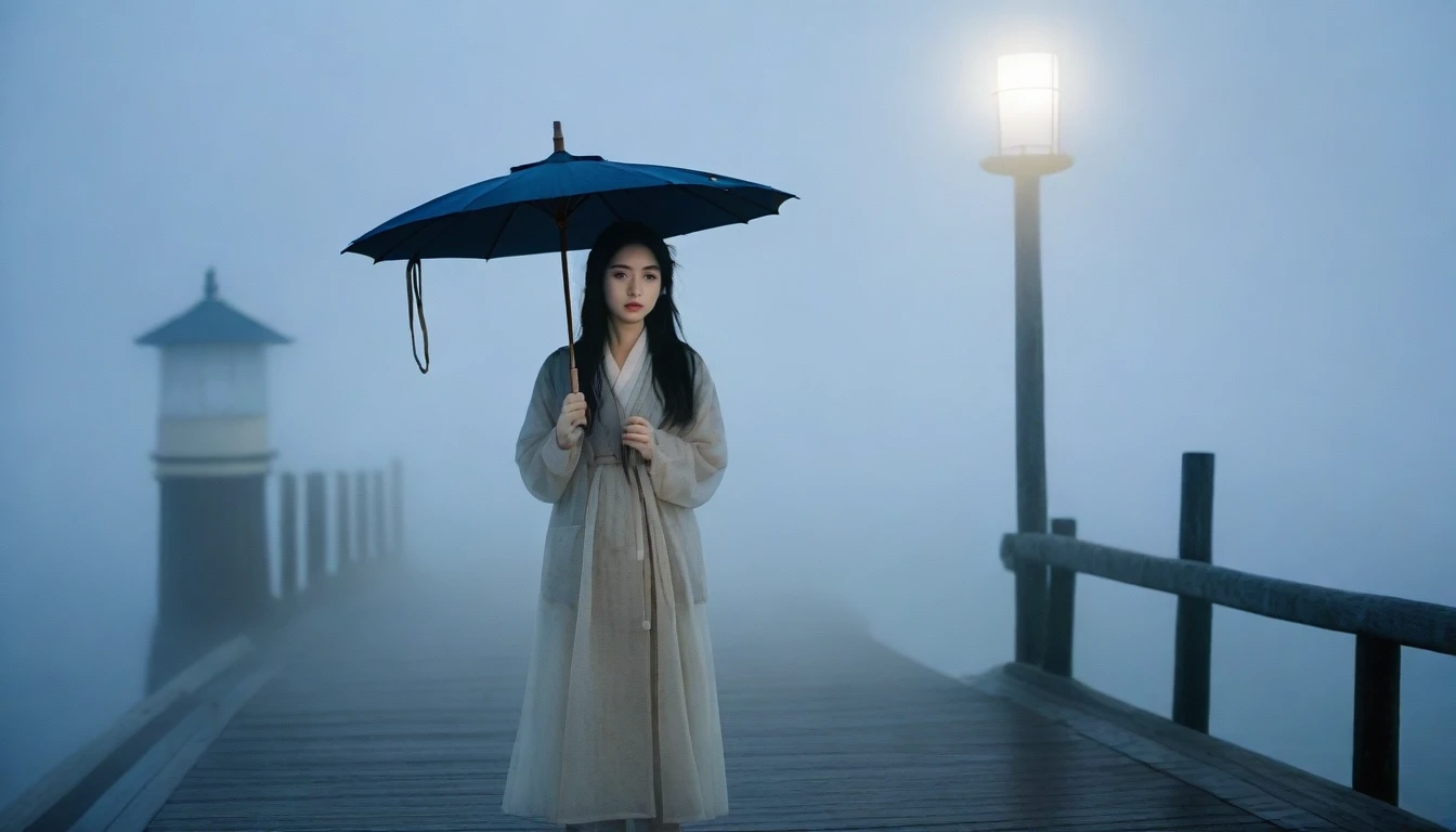 1 36-year-old Korean woman, alone, rain, Fog, cold, boring, , pier, Only, lighthouse, Coast, The dim light shines in the Fog,and the figure stands in the Fog holding an umbrella, (명암대rain, cinematic lighting, shadow, film grain, anatomically correct, accurate, Awards, 8K) realistic photo
