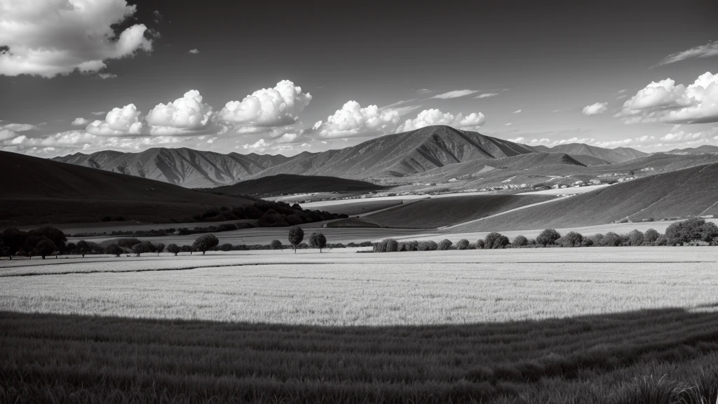 Green fields of ortensinhas in black and white