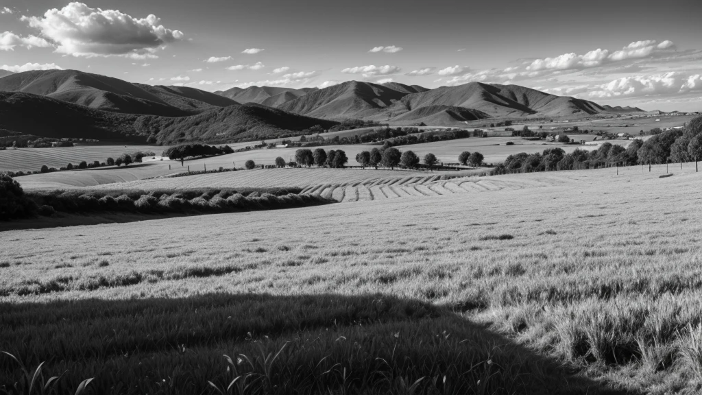 Green fields of ortensinhas in black and white