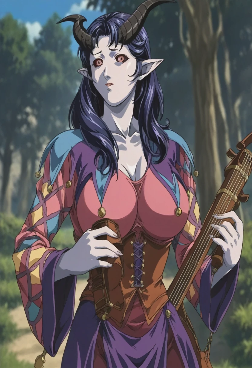 score_9, score_8_up, score_7_up, source_anime Bibl3, BREAK, alfira, alfiraOutfit, colored sclera, playing music, holding lute, huge breasts, heavy breasts, breast expansion, pelvic curtain