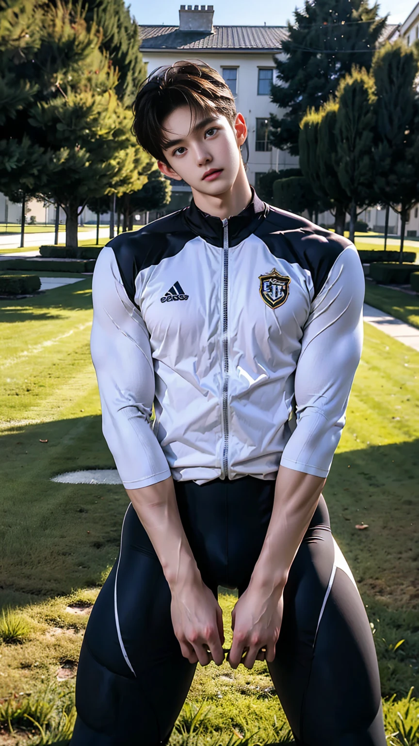masterpiece,best quality,Look up at the characters,Stay away from the camera, (An 18-year-old boy with extraordinary development:1.2), (A tall and muscular giant body),(Kneeling upright on the campus lawn),Black and white tight-fitting cycling suit,(Broad and straight shoulders),Muscular shoulders,(Extremely strong body),Muscular body,Fitness,Perfect body proportions,Inverted triangle figure,Biceps,Highlight muscle texture, Muscular body,Slender and toned legs,Small head,small face,Handsome and cute face,Perfectly detailed facial features,Looking at the camera,A serious and angry expression,leaning back,head tilt, happy, very short hair, brown hair,(looking at viewer:1.2),Vision