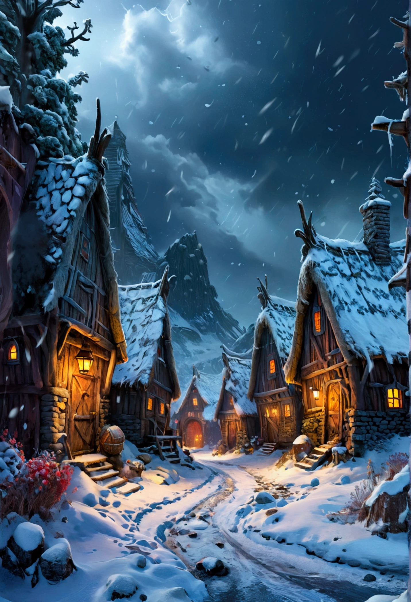 Illustration small Viking village facing a relentless blizzard. featuring