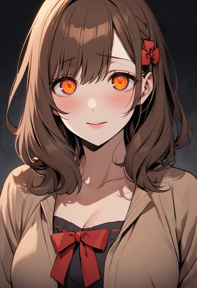 girl, beautiful, brown hair, orange eyes, red bow on hair, mature, medium hair, yandere