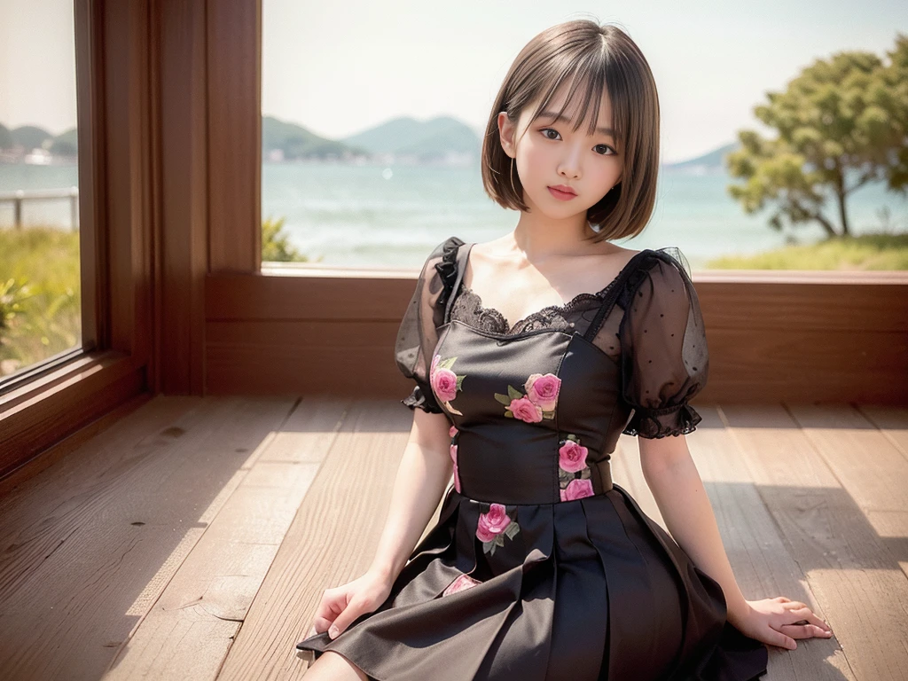 (Highest quality, masterpiece, Ultra-high resolution, 8K, RAW Photos, Realistic, Anatomically correct:1.5), 20-year-old girl:1.2, Embarrassing, avert your eyes, blush:1.0, View Viewer, ((bar)) 、Large windows、Night view、 Light:1.2, Bokeh, Cinema Lighting:1.0, Depth of written boundary, sharp、 Cute face、Idol、Wine colored short sleeve lace top、Black pleated skirt、Shiny wine-colored clothing、”dwarf”、(Floral clothes)、(Full Body Shot)、Side angle、Cowboy Shot、 smile、((Ultra short hair、Berry Short))、(Straight bangs)、((See-through))、(( One Girl))、Waist、I can see your thighs、
