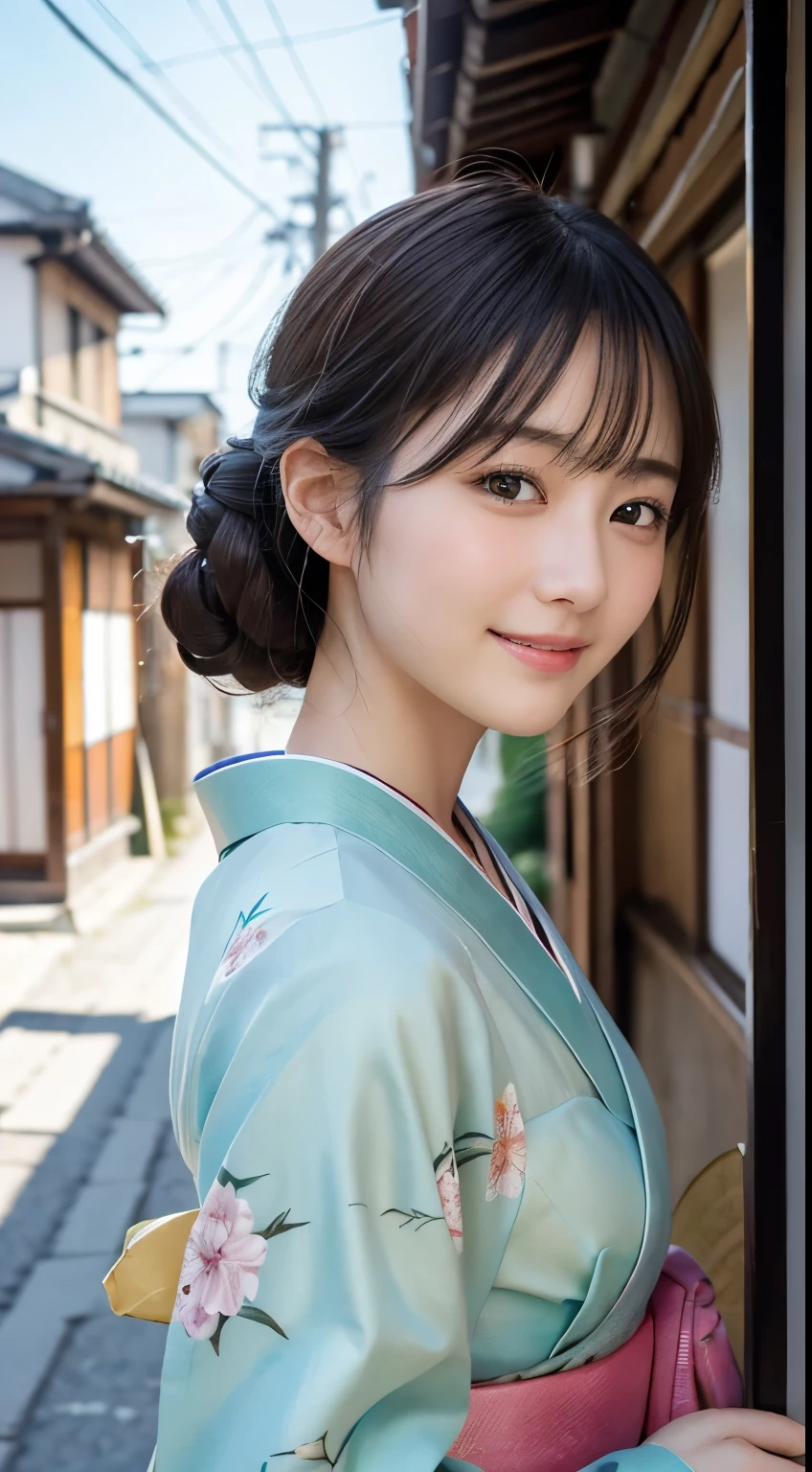 Professional Lighting,(Realistic:1.4), (Top image quality:1.0), (超High resolution:1.0), 8K, Raw photography, (masterpiece:0.2), (Dealing with the Children_v1:0.5)、(最高quality Detail:1.2)、Realistic、8K Ultra HD、High resolution、(1 Girl:1.2)、超detailedな、High quality textures、複雑なdetailed、detailed、Very detailed CG、High quality shadows、detailed 美しく繊細な顔、Beautiful details and a delicate eye、(Symmetrical eyes:1.2),Written boundary depth、Ray Tracing,1 Girl, Japanese Girls, (Natural smile:1.4),cute, thin, Portrait of a beautiful Japanese woman in a kimono, Standing elegantly on a street corner in Kyoto. Kimono with vibrant traditional patterns, Hair decorated with elegant and delicate hairpins, Gentle expression. (With the old streets of Kyoto in the background:1.4)、The soft light of a spring afternoon、Adding tranquility to the scene. Rendered in a Realistic style with great attention to detail, High resolutionの画像.Sky Porn, Magic Hour, (Realistic:1.3), finely, quality, (Tabletop:1.2), (Realistic:1.2), (最高quality), (複雑なdetailed), dramatic, Ray Tracing, photograph, +roller