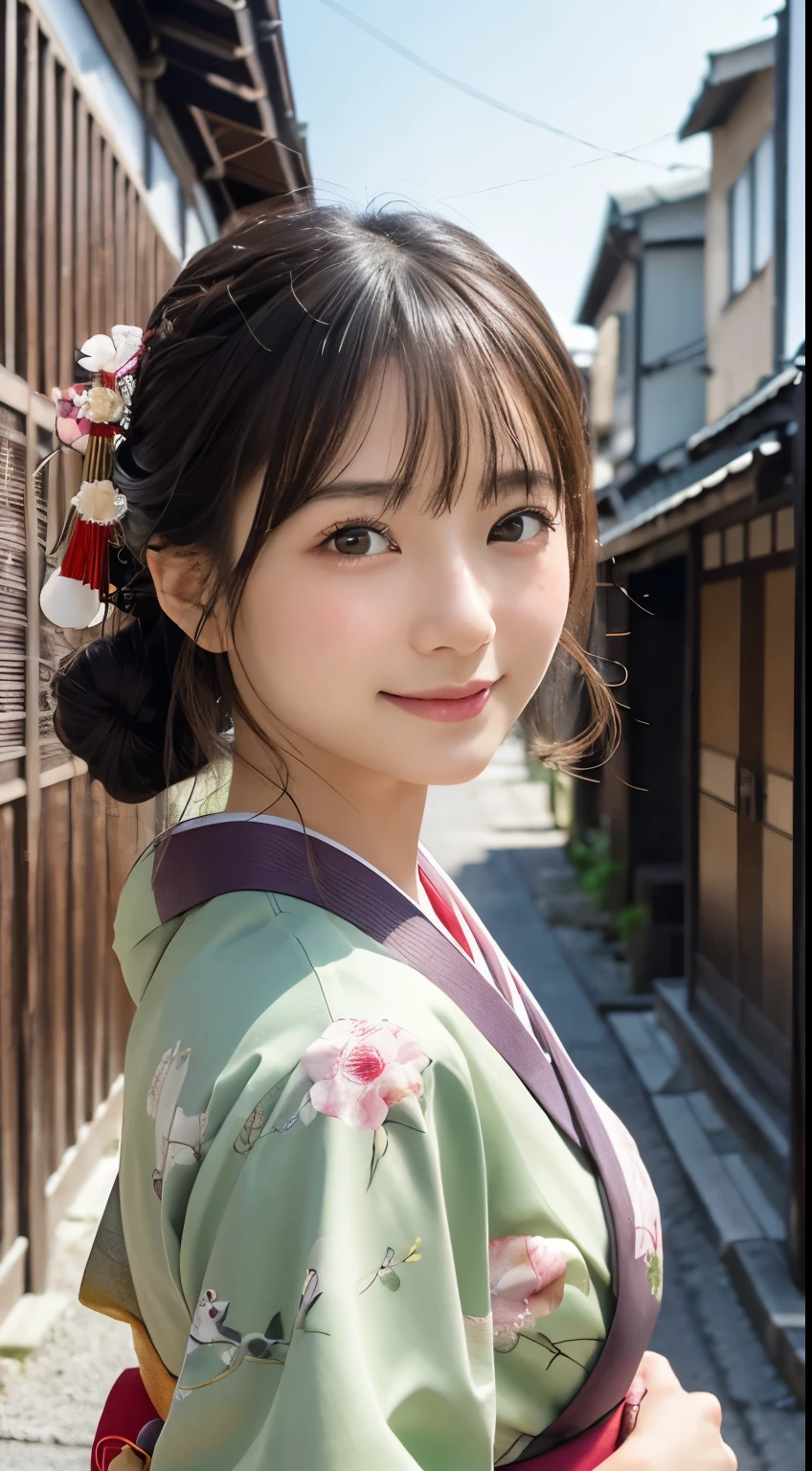 Professional Lighting,(Realistic:1.4), (Top image quality:1.0), (超High resolution:1.0), 8K, Raw photography, (masterpiece:0.2), (Dealing with the Children_v1:0.5)、(最高quality Detail:1.2)、Realistic、8K Ultra HD、High resolution、(1 Girl:1.2)、超detailedな、High quality textures、複雑なdetailed、detailed、Very detailed CG、High quality shadows、detailed 美しく繊細な顔、Beautiful details and a delicate eye、(Symmetrical eyes:1.2),Written boundary depth、Ray Tracing,1 Girl, Japanese Girls, (Natural smile:1.4),cute, thin, Portrait of a beautiful Japanese woman in a kimono, Standing elegantly on a street corner in Kyoto. Kimono with vibrant traditional patterns, Hair decorated with elegant and delicate hairpins, Gentle expression. (With the old streets of Kyoto in the background:1.4)、The soft light of a spring afternoon、Adding tranquility to the scene. Rendered in a Realistic style with great attention to detail, High resolutionの画像.Sky Porn, Magic Hour, (Realistic:1.3), finely, quality, (Tabletop:1.2), (Realistic:1.2), (最高quality), (複雑なdetailed), dramatic, Ray Tracing, photograph, +roller