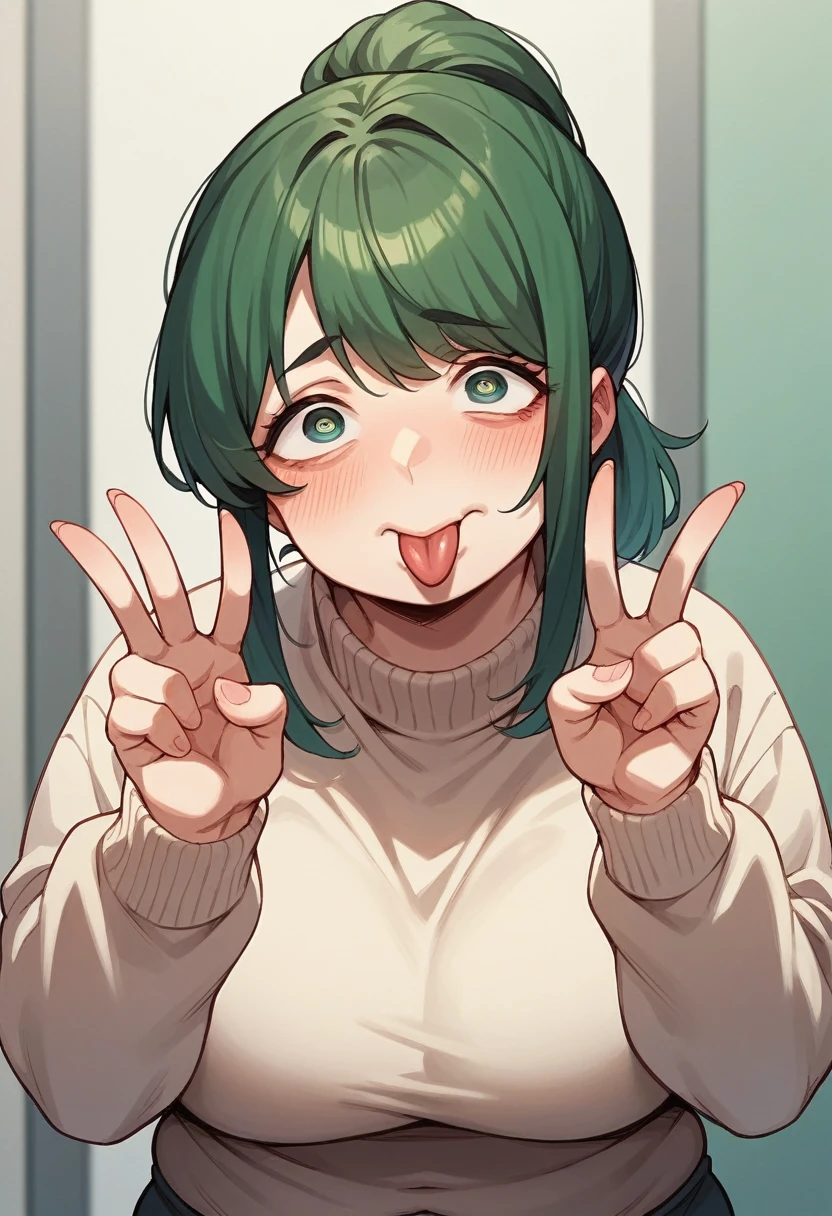 Anime Screenshot, chubby, milf, shy, pudgy face, large round eyes, dark green hair, ponytail, sweater, peace signs, sticking tongue out of mouth