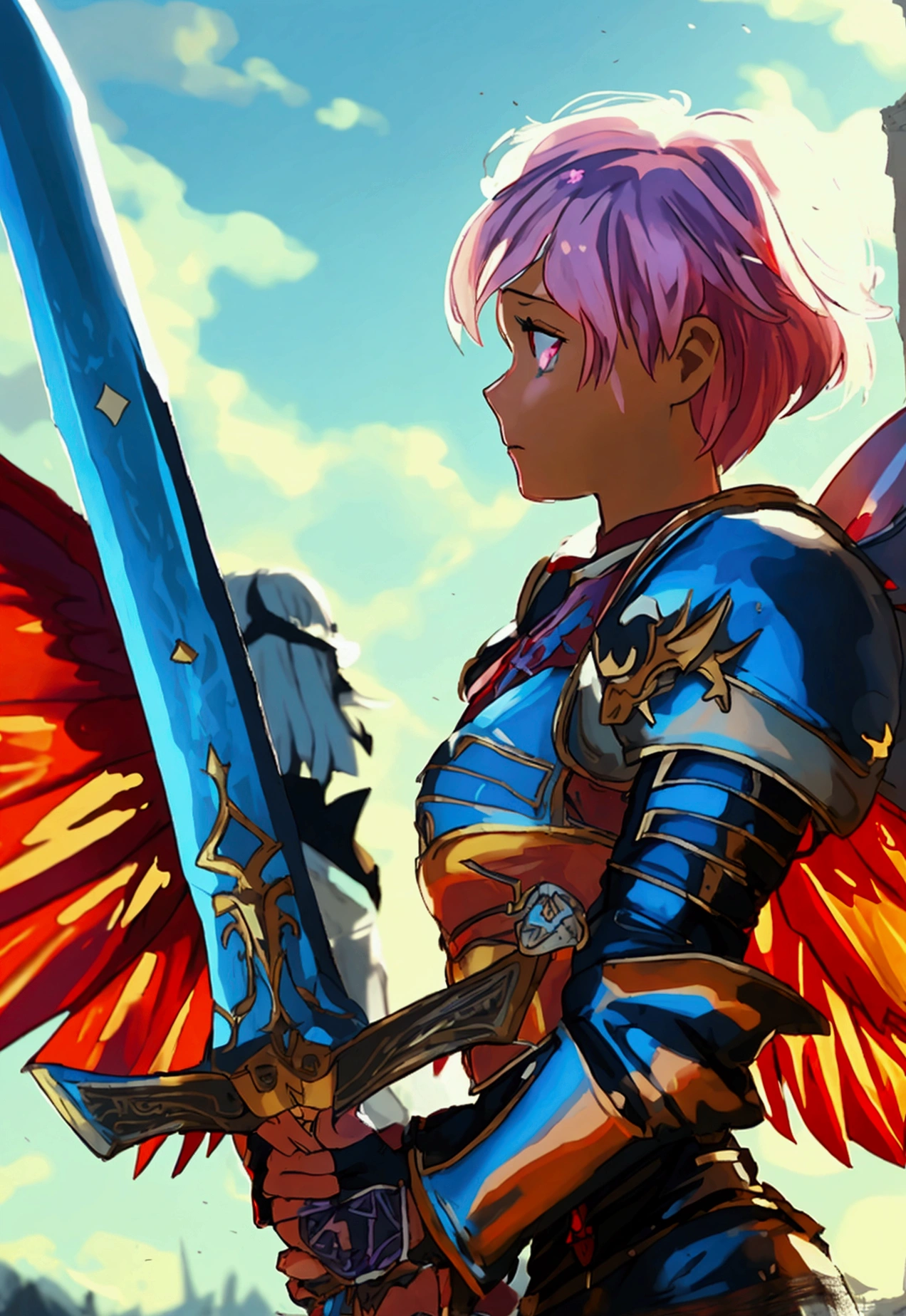 Two characters going on a quest, the first is a giantess princess with short pink hair wears purple armor and holding a giant diamond sword and the second one is a small short male fairy with short black hair and wears shades his wings are crimson red and he wears black and gray clothing