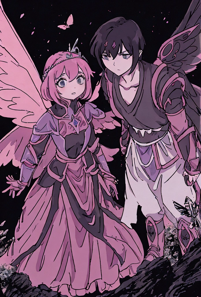 Two characters going on a quest, the first is a giantess princess with short pink hair wears purple armor and holding a giant diamond sword and the second one is a small short male fairy with short black hair and wears shades his wings are crimson red and he wears black and gray clothing