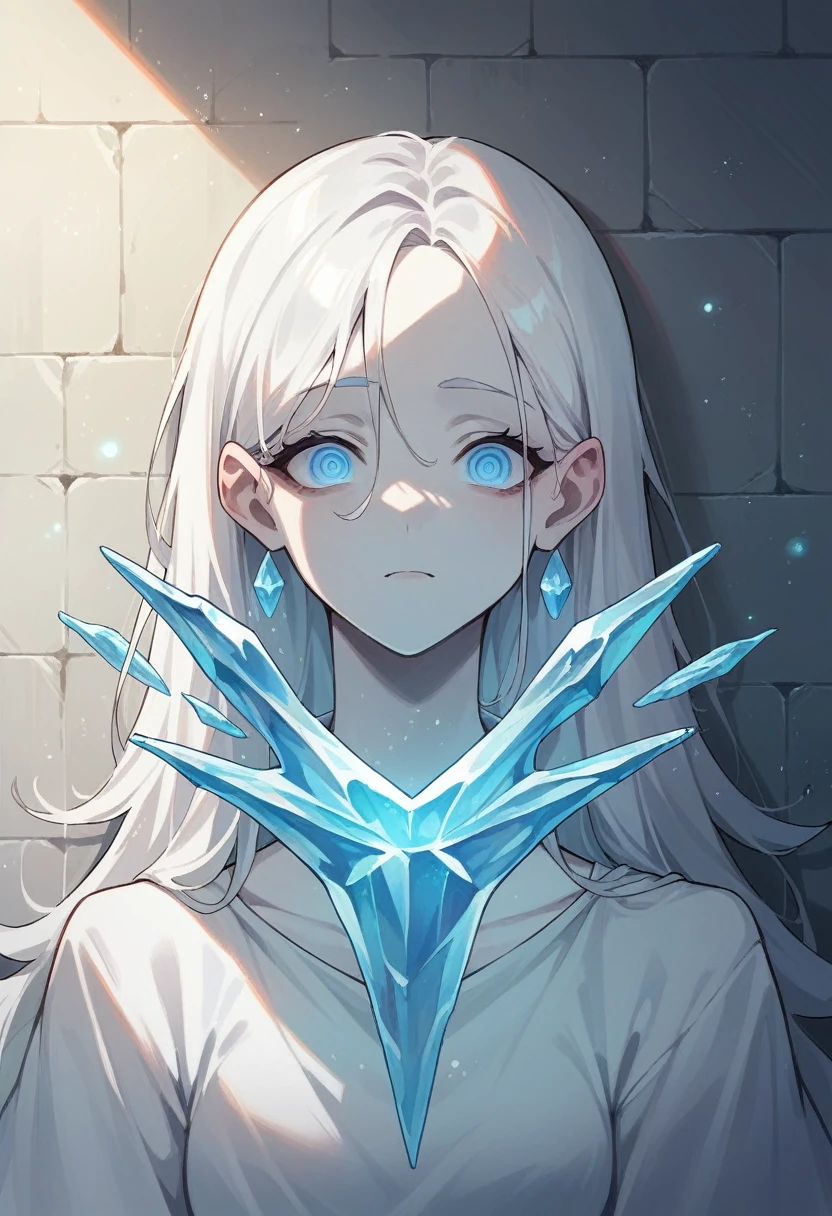 1 girl, purples eyes, White hair, pale skin, white clothes with light blue details, ice witch, Light particles, fullcolor, good lighting, wall-paper.