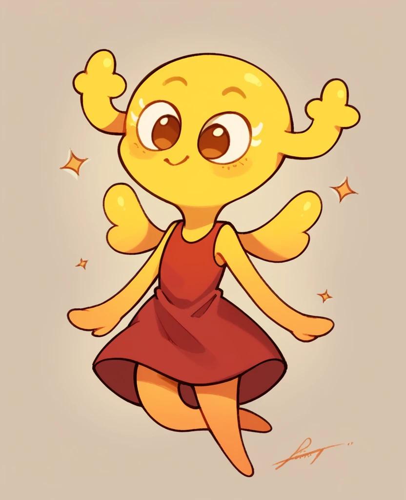 Penny Fitzgerald, penny_unshelled, cute girl, yellow body, brown eyes, wings, smilling, red dress