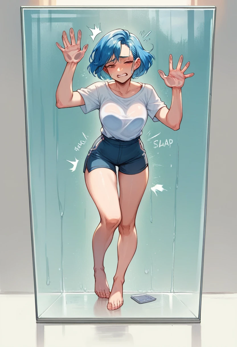 a woman, head on, blue hair, being pressed by a transparent glass, slap, breasts, Thighs, being pressed by the transparent glass, bare legs, barefoot, clear glass pressure 