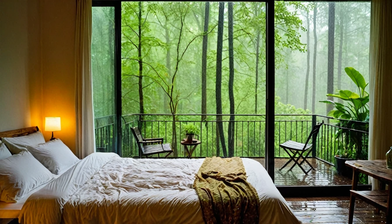 The image shows a cozy bedroom with a large window offering a view of a forest being drenched by rain. The bed is unmade with rumpled bedding, indicating recent use. Beside the bed, there is a small table with a classic lamp that is lit, casting warm light into the room. Outside the window, lush green plants can be seen in what appears to be a patio or balcony area, with rain visibly falling, creating a tranquil and peaceful atmosphere. The contrast between the indoor warmth and the outdoor rain creates an inviting and calming ambiance