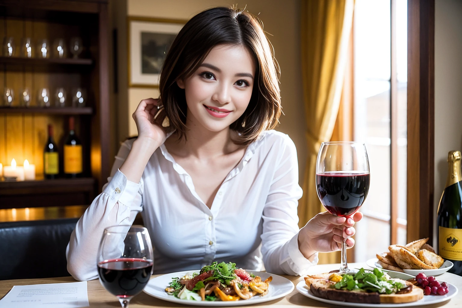 ((Highest quality、8K、masterpiece:1.3))、cute、slimカップル、modelカップル、actress男優、(Realistic, Intricate details:1.2), full-course dinner、Wine Party、Amazing view of the sunset sky and clouds、A bright smile、short hair,Bright Face、 (Age 37), 42 years old, red wine 、Appetizers、Italian food、Wine bottle、Champagne、sparkling wine、Two beauties、Brown Hair、Shortcuts、Long sleeve shirt、dress、Beautiful woman 1, (slimな顔), (The body is slim), (Brown Hair), (Shortcuts), cheeks turn a little red,Attractive beauty、restaurant, In a prominent place (From the waist up) Nova Frog Style, actress, model, Upper Body, White wine, slim, wine glass, 中央に置かれたwine glass, smile, (smile: 1.15), Beautiful fine grain, Depth f/2,saturation, High Contrast, Strong light and shadow,Moist Body:1.5、3D texture、Delicate eyes、Brown Hair、The hair is very shiny、
