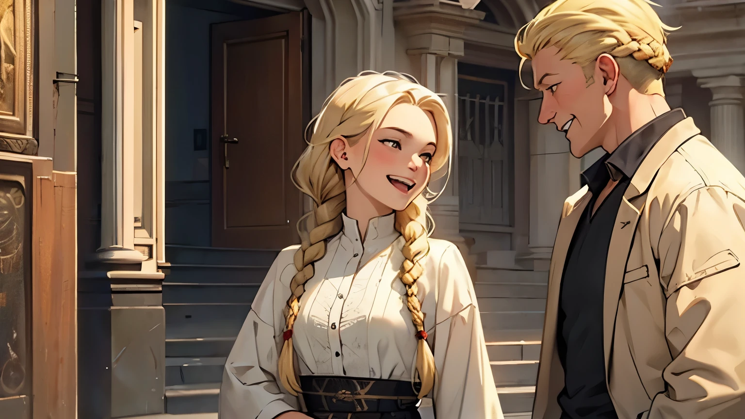 ((best quality)), ((work of art)), ((detailed)), man with short white hair, talking to woman with blonde hair in braids, woman laughing
