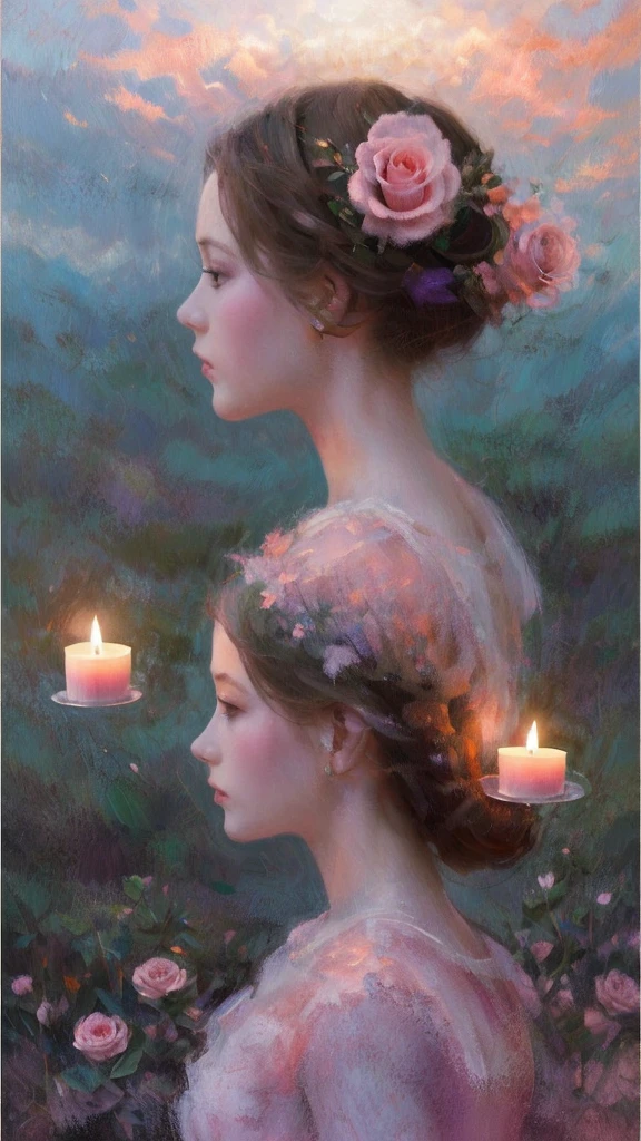 Surreal and artistic illustration featuring a side profile of a woman's face with pale skin and dark hair. The layout is vertical, with the woman's head occupying the central part of the image. Her hair is adorned with two small, identical figures of girls in pink dresses. Above her head is a large, all-seeing eye emitting rays of light. Surrounding the woman's head are various flowers, including roses and carnations, in shades of pink and orange. At the bottom of the image, there is a lit candle with smoke curling upwards, adding to the mystical atmosphere. The overall color palette is muted with soft pastels and dark undertones, creating a dreamlike and ethereal mood.