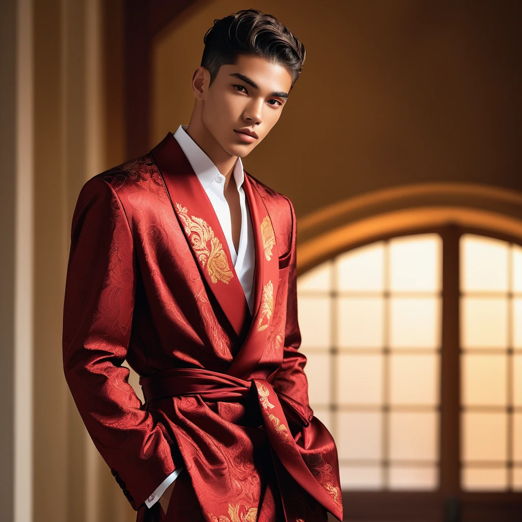 candid fashion illustration of young Mixed race 2man, both aged 18-23 year old, ((showcase fashion look book)), the design inspired by Depict Lucifer as a charismatic and sophisticated figure dressed, (He wears an open luxurious red patterned suit), semi hard bulge, His expression is serene and slightly introspective, with a soft confident gaze directed slightly off-camera, Utilize natural soft lighting streaming in from a window, casting gentle highlights and shadows that accentuate the contours of his face and the texture of his robe, The light creates a warm intimate atmosphere with a golden tone that enhances his skin and the robe, The interplay of light and shadow adds depth and dimension to the scene, slightly blurred focus background, bringing him into sharp clear detail while the rich tones of the background enhance the overall opulence of the image. Capture full-body short, dynamic angle, using a Canon EOS R7 and Sigma AF 85mm F1.4 EX DG HSM lens by Thomas Synnamon, Employ a shallow depth of field to focus closely on his face and body while softly blurring the background, Draw inspiration from high-fashion photographer, emphasize detail, texture and a sophisticated luxurious atmosphere, Emphasize the golden warm lighting and its effect on enhancing his features and the robe's rich textures, creating a visually captivating and elegant portrait that exudes warmth and sophistication, The overall mood blend the classical elegance of the modern, high-fashion aesthetic, producing an image that feels both timeless and contemporary, raw photo, masterpiece, best quality, Correct body structure, Correct photo distance,