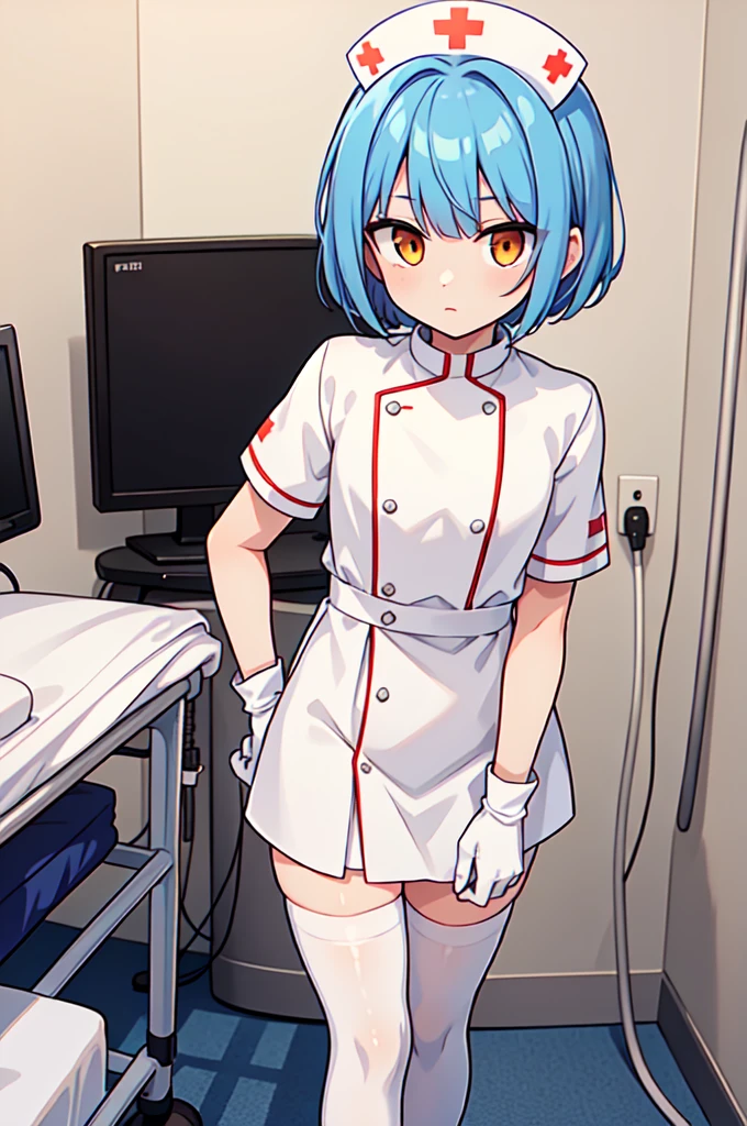 1boy, solo, male focus, nurse, white nurse cap, white nurse uniform, ((white legwear, zettai ryouiki)), white gloves, bobcut, blue hair, orange eyes, no impression, standing, ((hospital room)), sharp outline, short sleeves, shota, , best quality, masterpiece