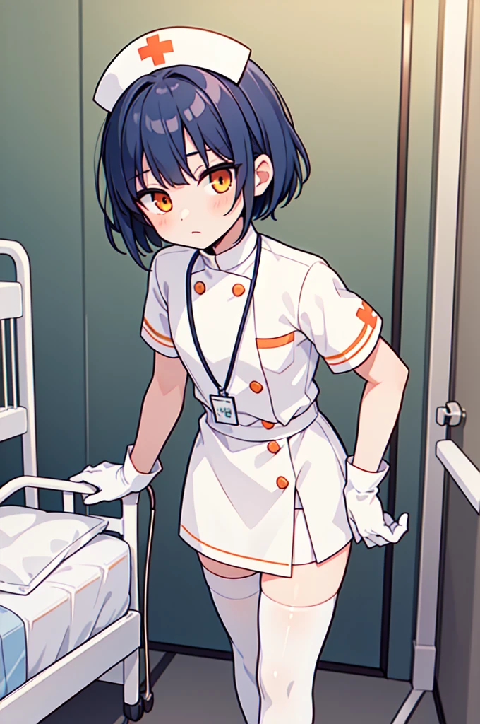 1boy, solo, male focus, nurse, white nurse cap, white nurse uniform, ((white legwear, zettai ryouiki)), white gloves, bobcut, blue hair, orange eyes, no impression, standing, ((hospital room)), sharp outline, short sleeves, shota, 12 years old, best quality, masterpiece