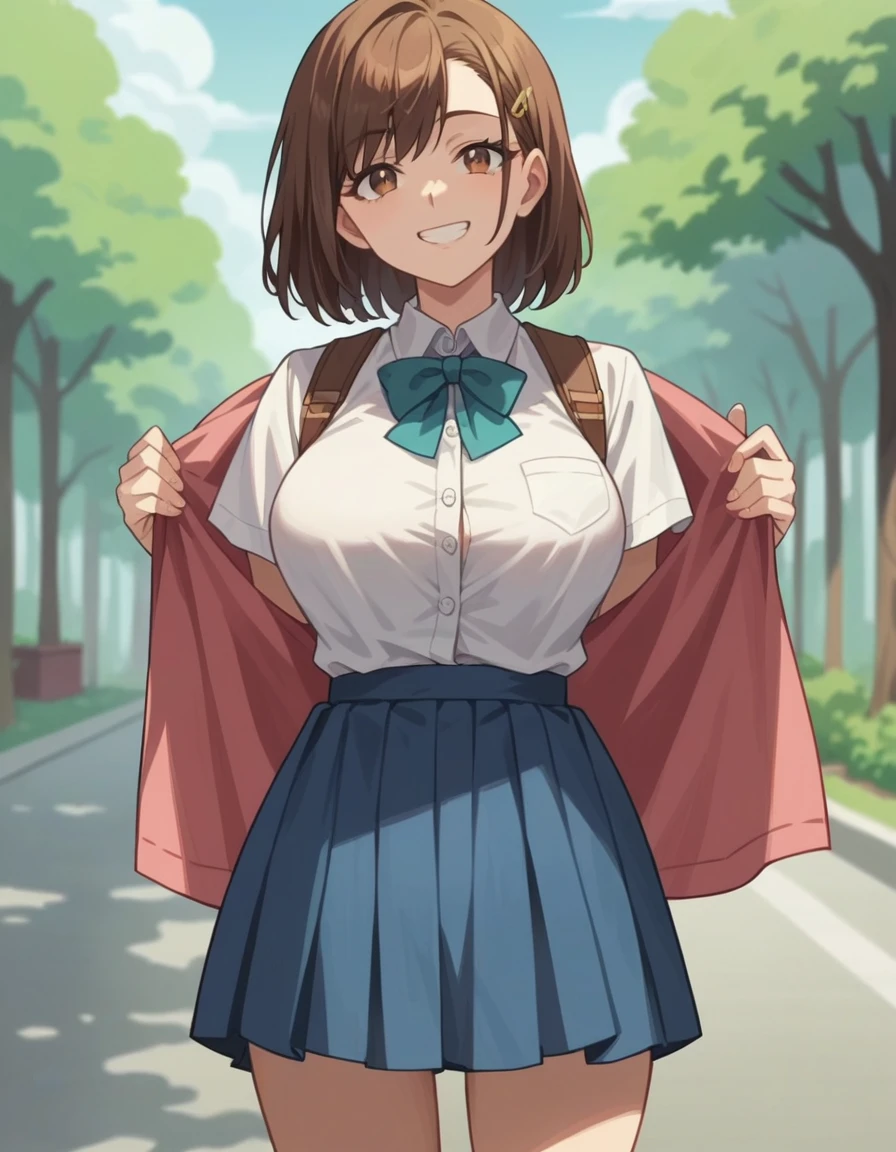 score_9, score_8_up, score_7_up, source_anime, anime screencap, 1girl, brown hair, medium hair, big breasts, skirt, standing, smile, cowboy shot