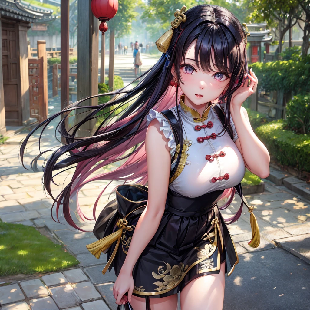 Takada Rokka, rich back lane, Black Hair, blue eyes,Long Hair, List scrunchie,smile,blush,Sleeveless purple white Chinese dress,Long slit,Black pantyhose,Stiletto heels,Walking,
break looking at viewer, whole body, (Cowboy Shot:1. 5) break outdoors, Chinese style street, break (masterpiece:1.2), Highest quality, High resolution, unity 8k wallpaper, (shape:0.8), (Beautiful and beautiful eyes:1.6), Highly detailed face, Perfect lighting, Highly detailed CG, (Perfect hands, Perfect Anatomy),