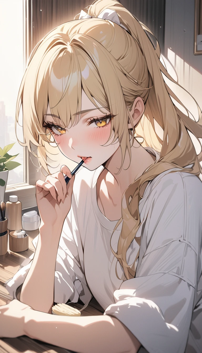 Highest quality masterpiece High resolution Long blonde hair ponytail Character Portrait Yellow Eyes Pale pink lips Fluffy body indoor Sleepy face brush teeth toothbrush morning