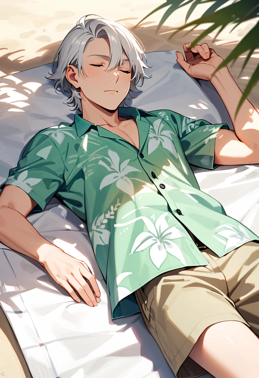 A man, 19-years-old, solo, Caucasian, mature face, short tousled white hair, eyes closed, sleeping, light pale green Hawaiian shirt, short sleeves, khaki shorts, beach, lying on a towel