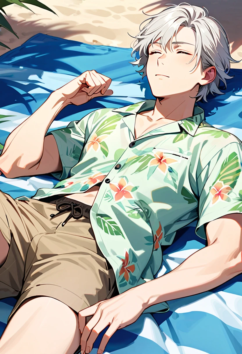 A man, 19-years-old, solo, Caucasian, mature face, short tousled white hair, eyes closed, sleeping, light pale green Hawaiian shirt, short sleeves, khaki shorts, beach, lying on a towel