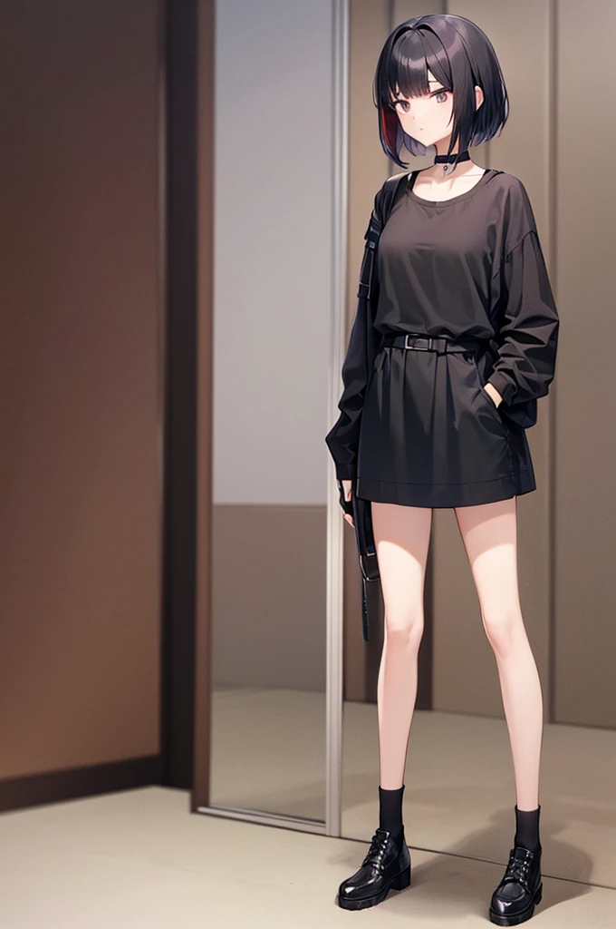 best quality, 1girl, cool, two tone colors black on the outside of the hair red hair inside, standing, fullbody, toe, blunt bangs, shaggy cut