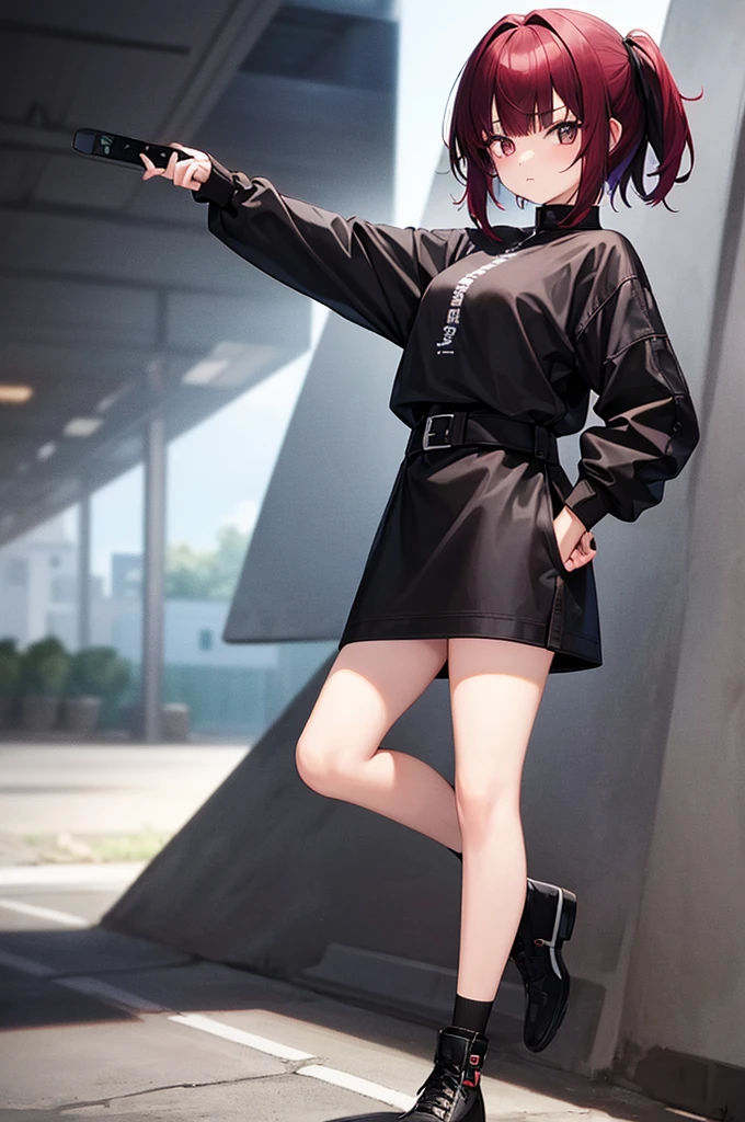 best quality, 1girl, cool, two tone colors black on the outside of the hair red hair inside, standing, fullbody, toe, blunt bangs, shaggy cut