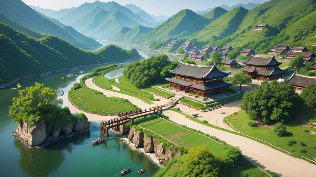 Beautiful scenery of ancient Chinese village. Aerial view, Photorealistic photos, High definition.