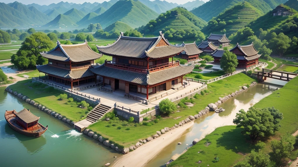 Beautiful scenery of ancient Chinese village. Aerial view, Photorealistic photos, High definition.