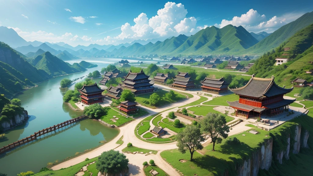 Beautiful scenery of ancient Chinese village. Aerial view, Photorealistic photos, High definition.