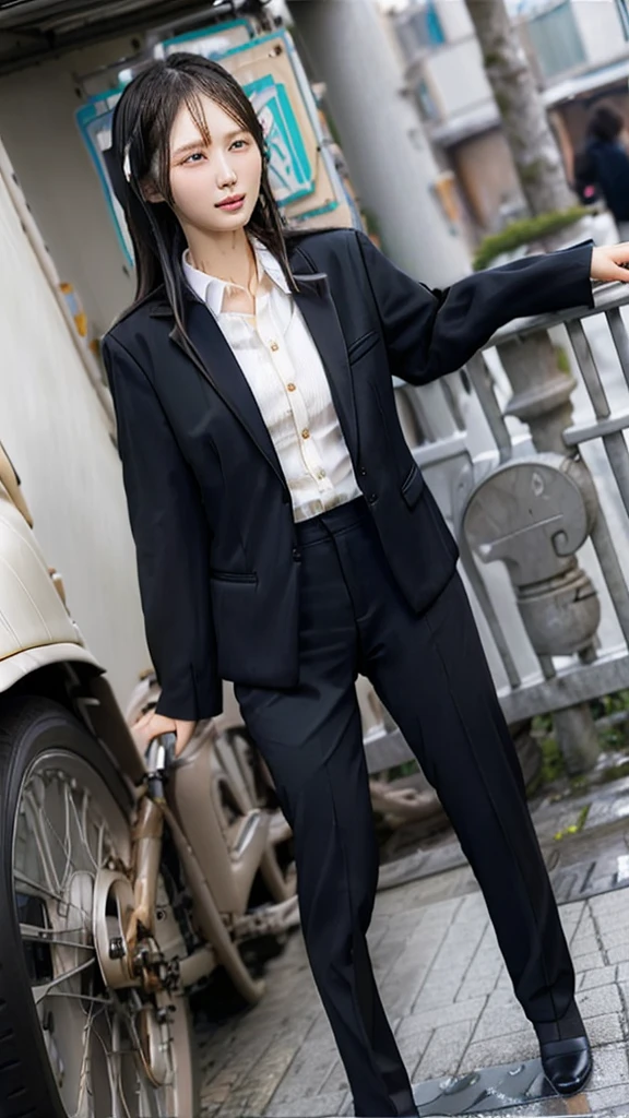 Highest,masterpiece,Highest品質,High resolution,high quality,Realistic,Medium Hair,Wet髪,Pants Style,High heels, Collared shirt,,Black jacket,suit:1.5,Wet,Sweat,Fair skin,ID card,White chocolate:2.0,Embarrassed face:1.2,
