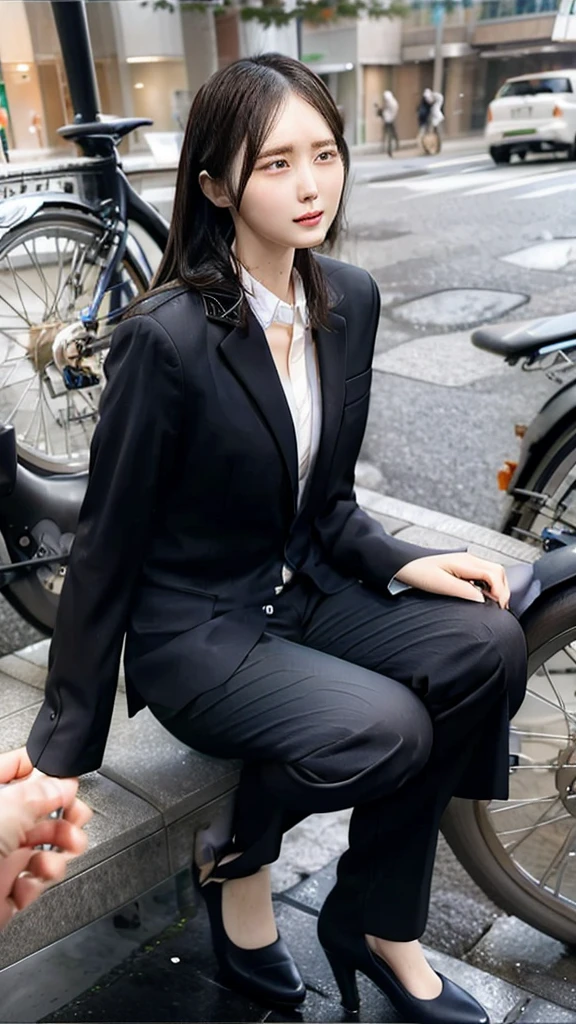 Highest,masterpiece,Highest品質,High resolution,high quality,Realistic,Medium Hair,Wet髪,Pants Style,High heels, Collared shirt,,Black jacket,suit:1.5,Wet,Sweat,Fair skin,ID card,White chocolate:2.0,Embarrassed face:1.2,