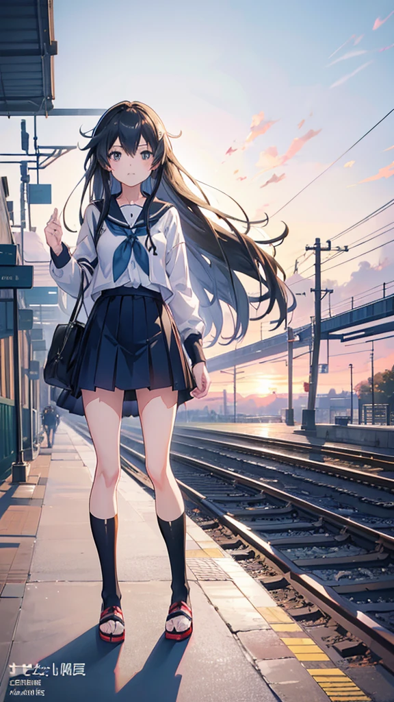 Anime girl with long hair walking on a train platform., Kantai Collection Style, railgun, Perfect, kantai collection gallery, cancolle, Makoto Shinkai Style, visual anime of a cute girl, makoto shinkai art style, beautiful anime high school girl, 4K anime style, official artwork, Shinkai Makoto