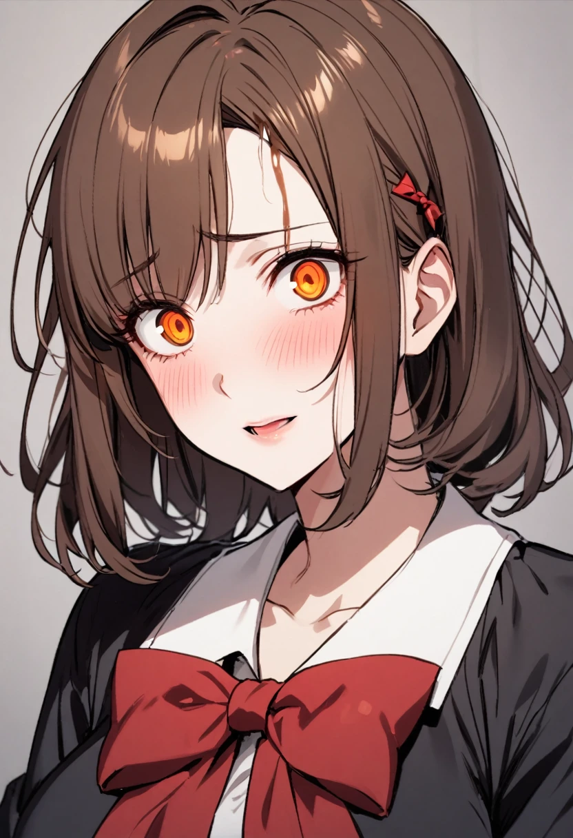 girl, beautiful, brown hair, orange eyes, red bow on hair, mature, medium hair, yandere