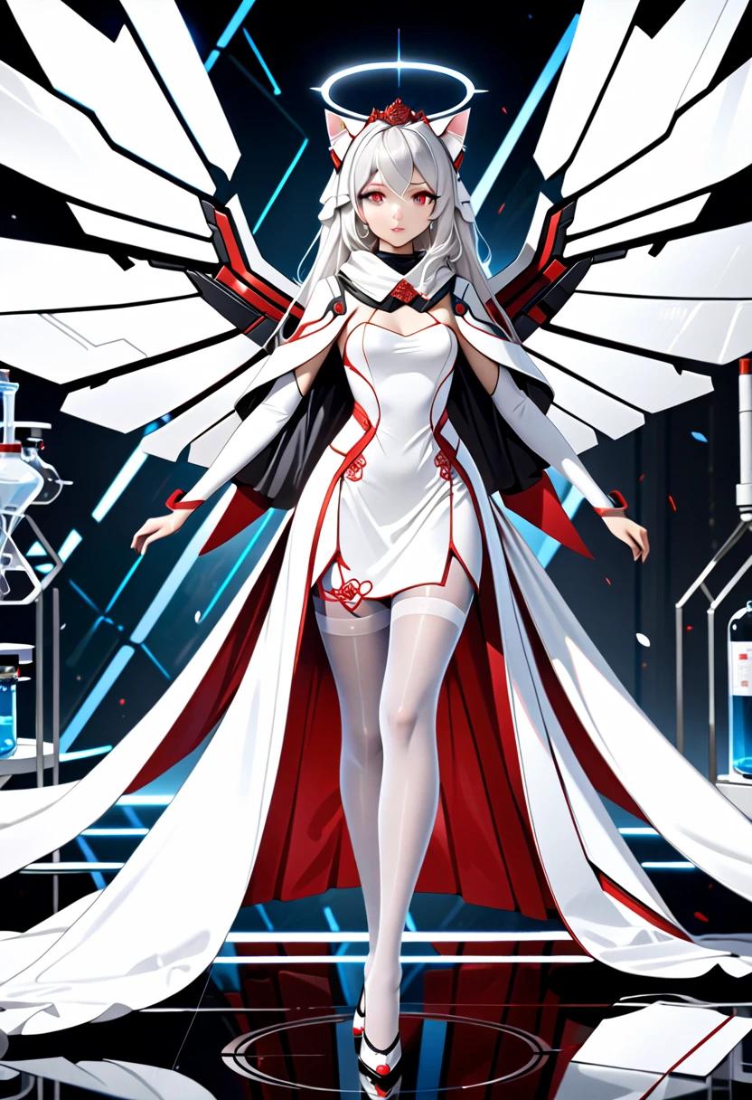 masterpiece, highest quality, highest resolution, clear_image,  photo realistic, detailed details, White hair, long hair, cat ears, 1 girl, red eyes, imperial wedding dress, white pantyhose, white scarf (around the neck), gray futuristic halo, futuristic wings, beautiful, full body, no water marks, laboratory, no extra limps, no extra body