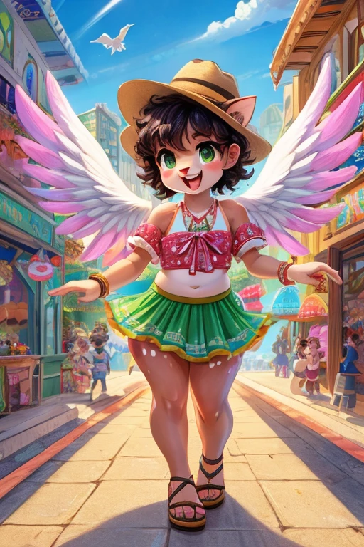 Cute, deer boy, small deer antlers, innocent, chubby, fat, big thighs, androgynous, femboy, short curly hair, black hair, fawn spots, freakles, ((cute)), smiling, wearing cottage core outfit, pastel color scheme, young, cartoony, adorable, deer tail, moss green eyes, angel wings, dynamic pose, excited pose, energetic pose, happy pose, summer, summer weather, summer clothes, sun, wearing a colorful floral print sundress with spaghetti straps and a flared skirt with wedge espadrilles or flat espadrille sandals and fedora hat with a ribbon band and statement earrings and a chunky bracelet along with small crossbody straw bag and cat-eye sunglasses, walking in the city, busy city, bustling city, open air mall,