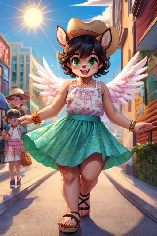 Cute, deer boy, small deer antlers, innocent, chubby, fat, big thighs, androgynous, femboy, short curly hair, black hair, fawn spots, freakles, ((cute)), smiling, wearing cottage core outfit, pastel color scheme, young, cartoony, adorable, deer tail, moss green eyes, angel wings, dynamic pose, excited pose, energetic pose, happy pose, summer, summer weather, summer clothes, sun, wearing a colorful floral print sundress with spaghetti straps and a flared skirt with wedge espadrilles or flat espadrille sandals and fedora hat with a ribbon band and statement earrings and a chunky bracelet along with small crossbody straw bag and cat-eye sunglasses, walking in the city, busy city, bustling city, open air mall,