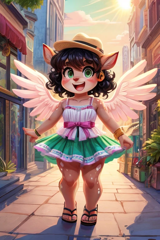 Cute, deer boy, small deer antlers, innocent, chubby, fat, big thighs, androgynous, femboy, short curly hair, black hair, fawn spots, freakles, ((cute)), smiling, wearing cottage core outfit, pastel color scheme, young, cartoony, adorable, deer tail, moss green eyes, angel wings, dynamic pose, excited pose, energetic pose, happy pose, summer, summer weather, summer clothes, sun, wearing a colorful floral print sundress with spaghetti straps and a flared skirt with wedge espadrilles or flat espadrille sandals and fedora hat with a ribbon band and statement earrings and a chunky bracelet along with small crossbody straw bag and cat-eye sunglasses, walking in the city, busy city, bustling city, open air mall,
