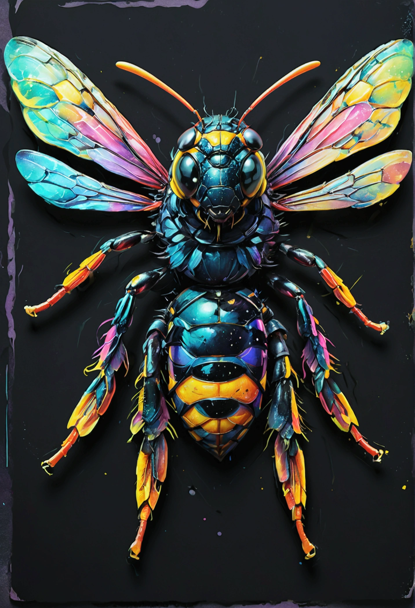 "Core design of a wasp: Art Nouveau, vector with vibrant colors and synthwave. Simple background, -ar 1:1. High quality, watercolor logo style with 3D puff printing effect. Strong, dark colors, monochromatic background, by yukisakura, original and incredible colors."