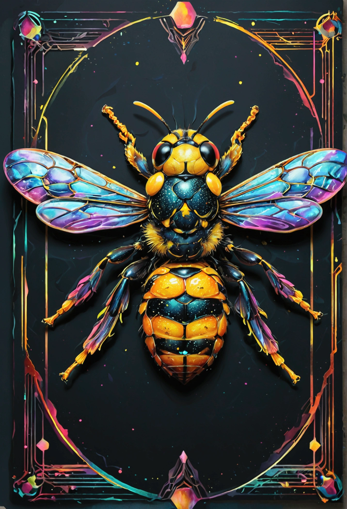 "Core design of a wasp: Art Nouveau, vector with vibrant colors and synthwave. Simple background, -ar 1:1. High quality, watercolor logo style with 3D puff printing effect. Strong, dark colors, monochromatic background, by yukisakura, original and incredible colors."