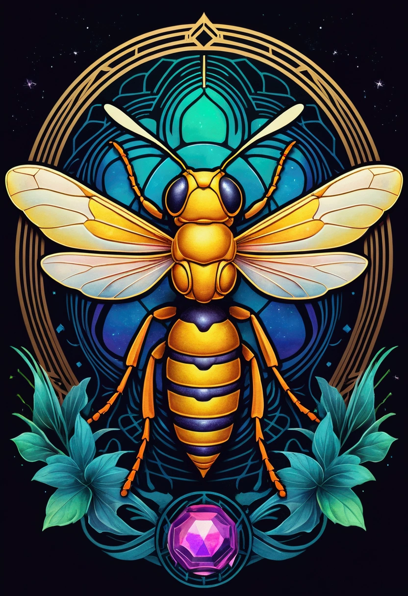 "Core design of a wasp: Art Nouveau, vector with vibrant colors and synthwave. Simple background, -ar 1:1. High quality, watercolor logo style with 3D puff printing effect. Strong, dark colors, monochromatic background, by yukisakura, original and incredible colors."