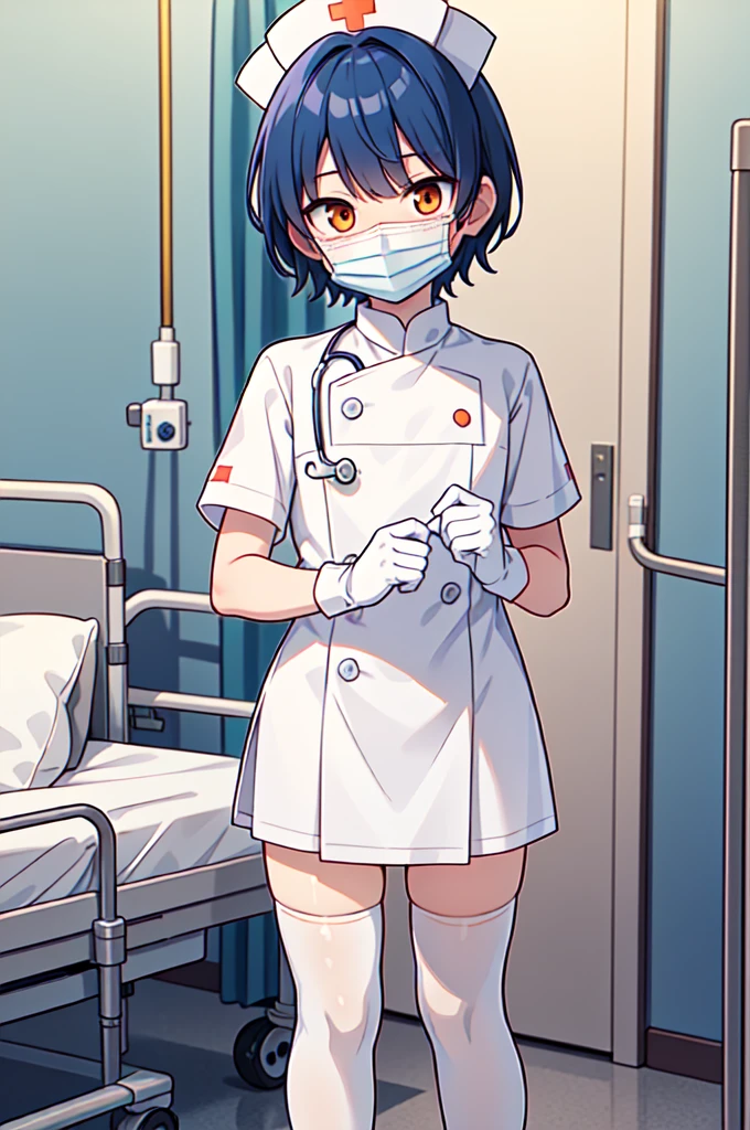 1boy, solo, male focus, nurse, white nurse cap, white nurse uniform, ((white legwear, zettai ryouiki)), white gloves, bobcut, blue hair, orange eyes, ((white surgical mask, covered nose)), standing, ((hospital room)), sharp outline, short sleeves, shota, 12 years old, best quality, masterpiece