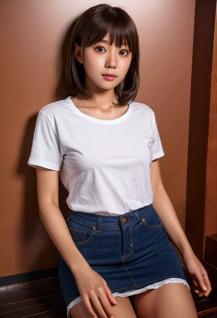 ((perfect anatomy:1.2,realistic:1.3,RAW Photography:1.3,masterpiece、highest quality、Ultra - High resolution、High resolution、Highly detailed CG、8K)),cowboy shot,1 female,solo,18 year old beauty, Japanese、((beautiful detailed face and eyes:1.2,big gorgeous eyes:1.2)),dark brown hair,long hair,bangs,medium breasts,slender body,small head:1.5,skinny,(brown skin:1.4),(oily skin,gleaming skin,shiny skin,sweat:1.3),((protruding nipples、white T_shirt,wet clothes、Denim tight mini skirt,white panties、camel toe,wet crotch))、(white socks、black loafer shoes),sitting,legs up,M type spread legs,movie theatre、seat、dimly lit room、Tokyo、