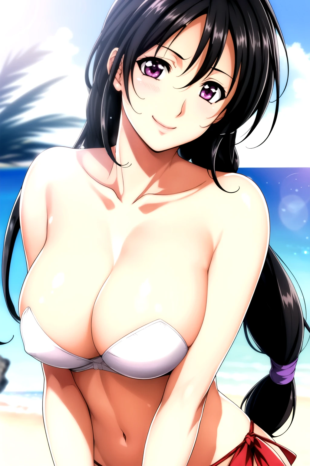 比基尼,Beach,Sunlight, Black Hair, bow, Weaving,Long hair,Purple Eyes,1 girl, 20 years old,Young women,beautiful Finger,beautiful long legs,beautiful Body,beautiful Nose,beautiful character design, Perfect eyes, perfect Face,Expressive eyes, Looking at the audience, In the center of the image,(superior_Body),(Focus on her Face), Official Art,Extremely detailed CG unity 8k wallpaper, Perfect lighting,rich and colorful, bright_front_Face_light,Glowing skin, (masterpiece:1.0),(the best_quality:1.0), 超high resolution,4K,Extremely detailed, photography, 8K, Human Development Report, high resolution, absurd:1.2, Kodak Portra 400, Film Grain, Blurred background, Bokeh:1.2, lens flare, (Energetic_color:1.2) (beautiful_breast:1.3), (beautiful_Face:1.5),(narrow_waist), smile, happy, 比基尼