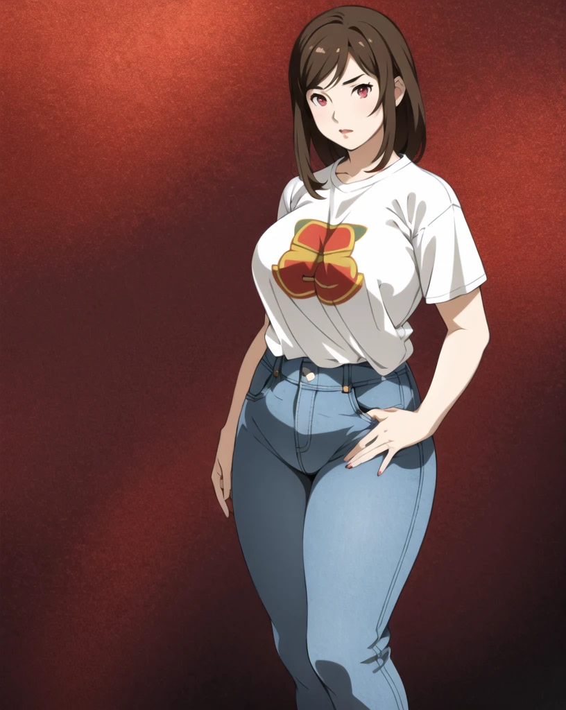 masterpiece, tight denim pants, chubby but small breasts, very thick legs++, Full body+, Solo, Realistic, Swollen face, Japanese face, Moderately fat body type+, 1 woman, wide shoulder, T-shirt,  Denim pants, thick thighs, Thick waist++, low rise black denim pants, Small breasts and fat and short leg, Muchimuchi body

sfw,  (masterpiece), (best quality:1.0), (ultra highres:1.0), detailed eyes, 1girl, solo, standing
brownish red eyes, smtdoistyle, simple background, 
